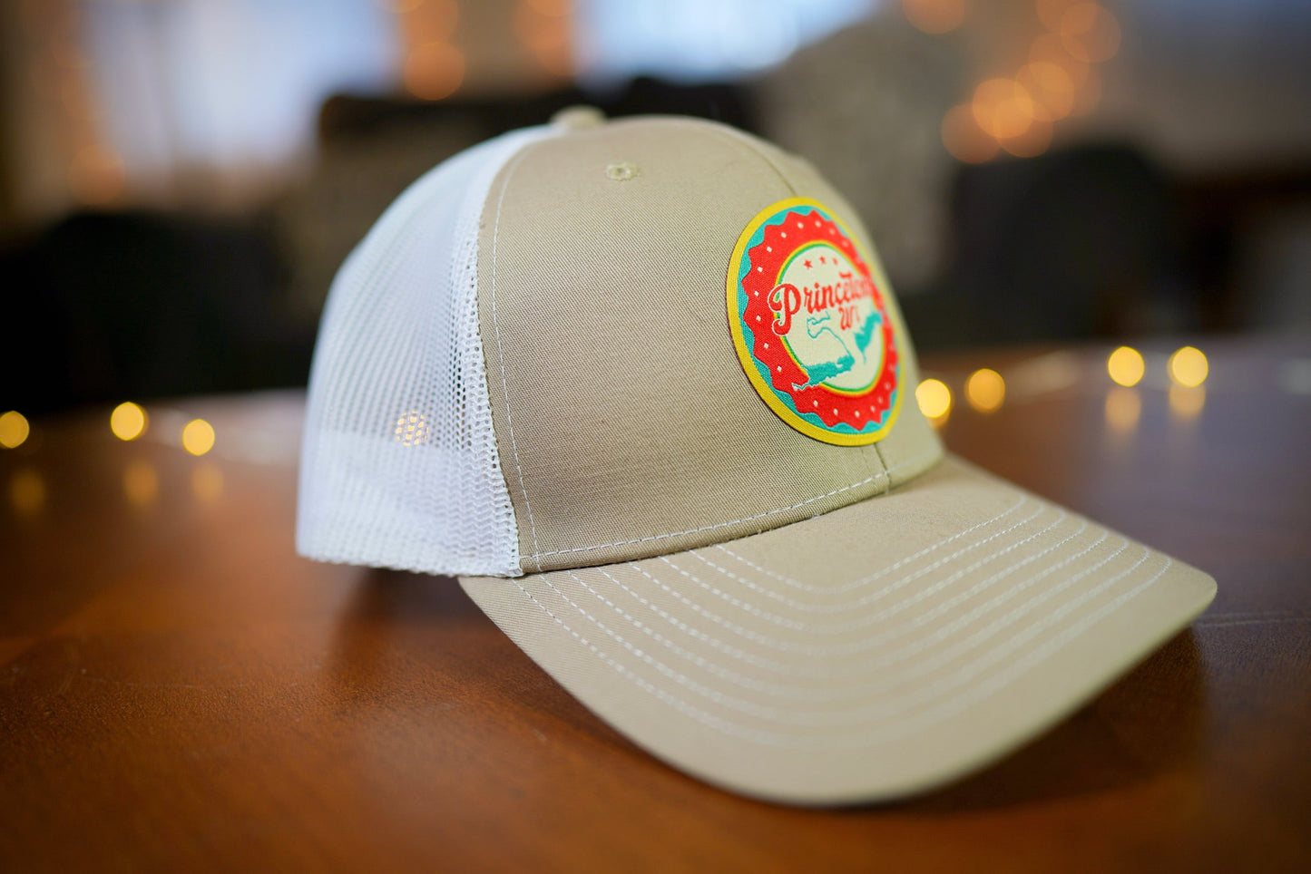 "Princeton, WI" Lake Design Trucker Hat (White Mesh/ Khaki Fabric)