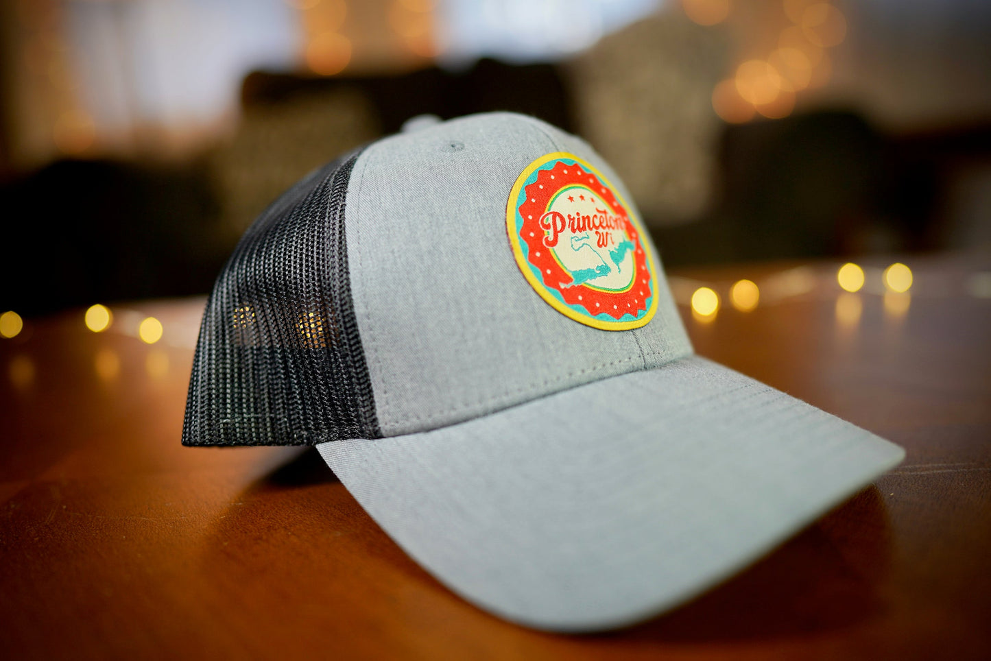 "Princeton, WI" Lake Design Trucker Hat (Black Mesh/ Heather Grey Fabric)
