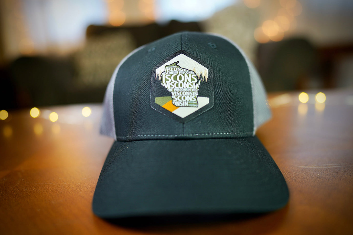 "Vintage Wisconsin" Design Trucker Hat (Charcoal Mesh/ Black Fabric)