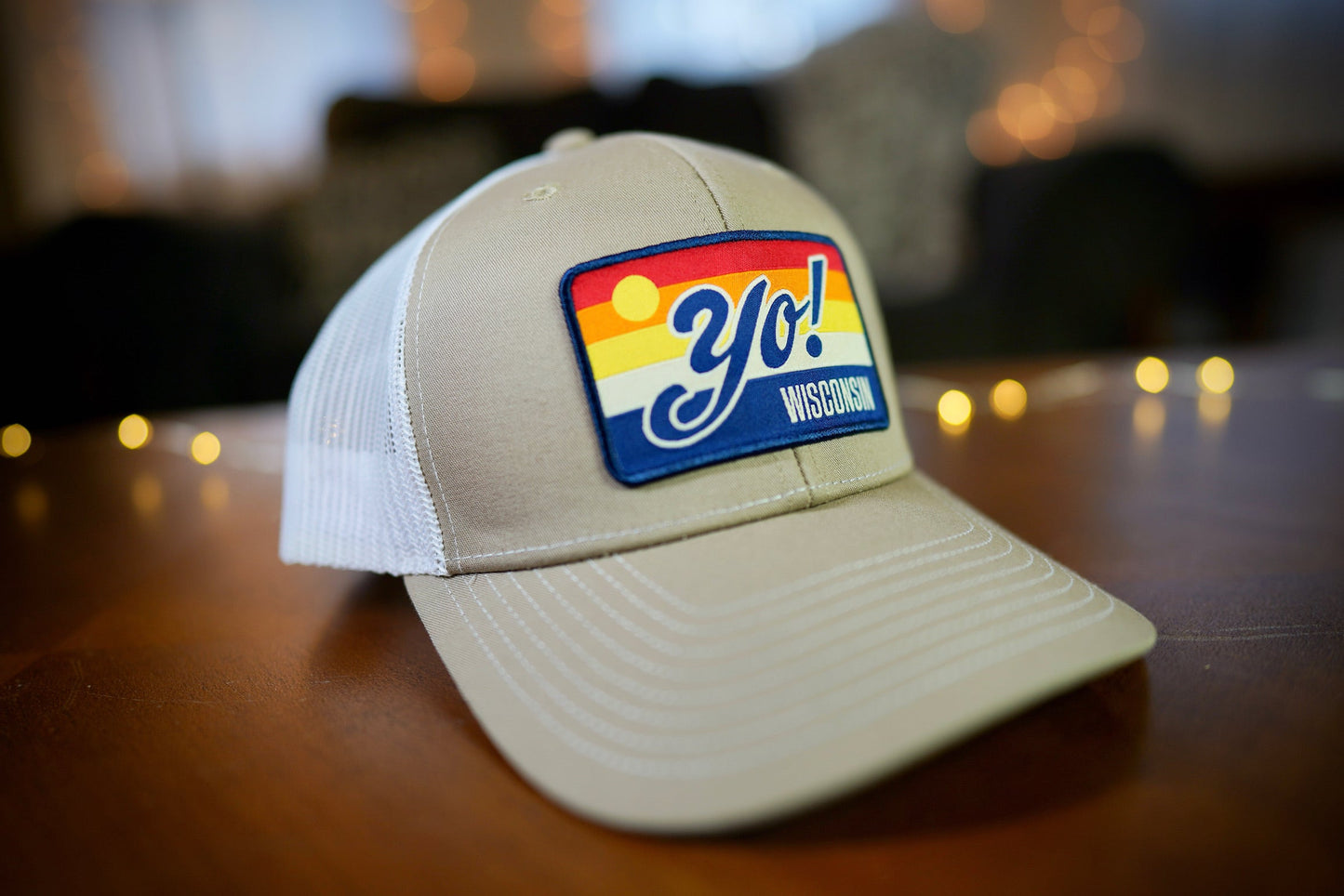 "YO! Wisconsin" Retro Design Trucker Hat (White Mesh/ Khaki Fabric)
