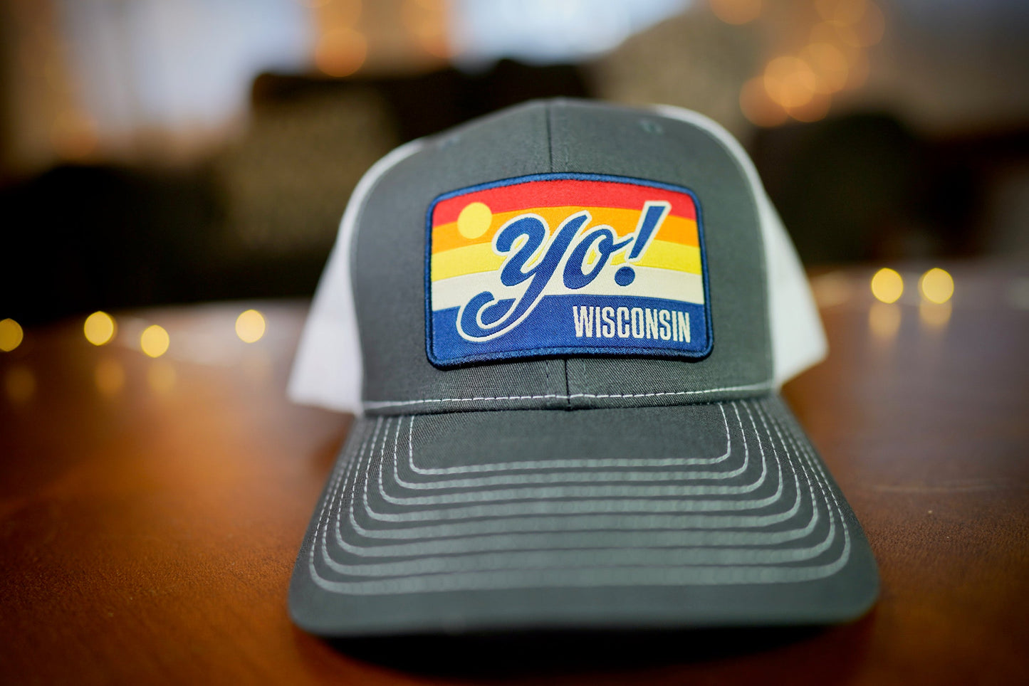 "YO! Wisconsin" Retro Design Trucker Hat (White Mesh/ Charcoal Fabric)