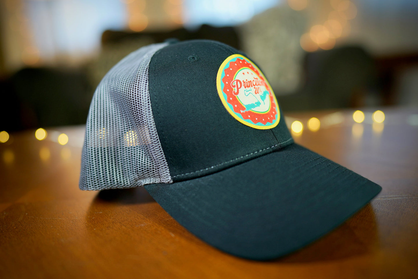 "Princeton, WI" Lake Design Trucker Hat (Black Mesh/ Charcoal Grey Fabric)