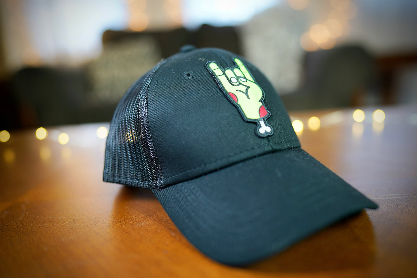 YOUTH "Zombie Rocker" Design Trucker Hat (Black Mesh/ Black Fabric)