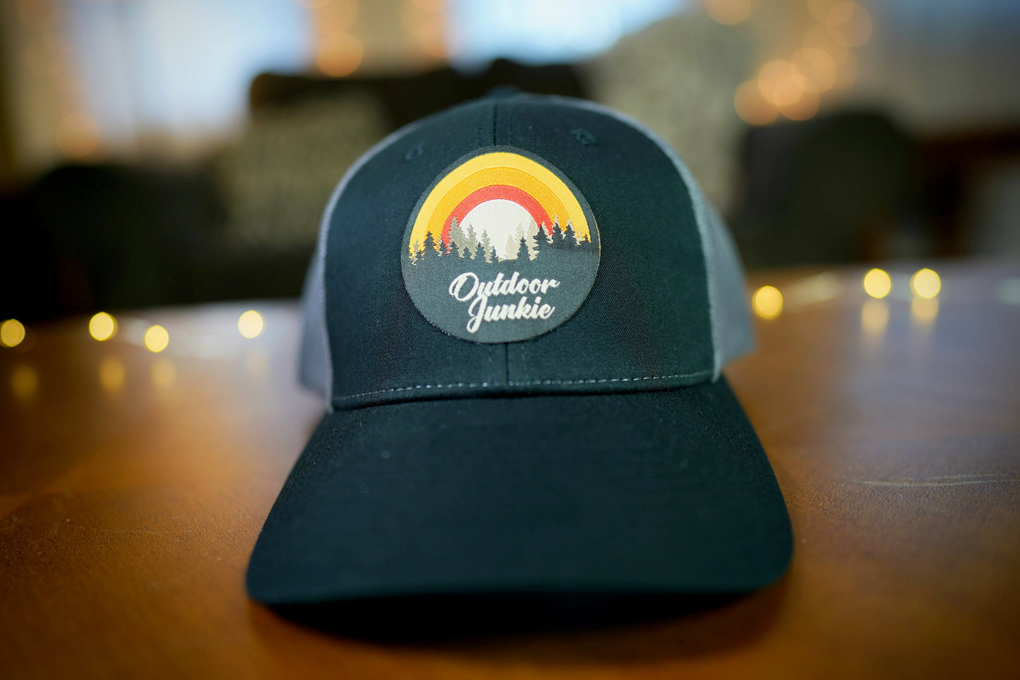 "Outdoor Junkie" Design Trucker Hat (Charcoal Mesh/ Black Fabric)