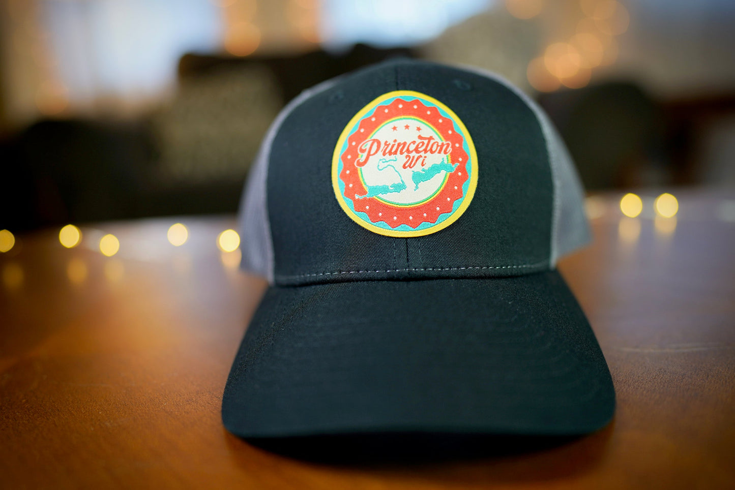 "Princeton, WI" Lake Design Trucker Hat (Black Mesh/ Charcoal Grey Fabric)