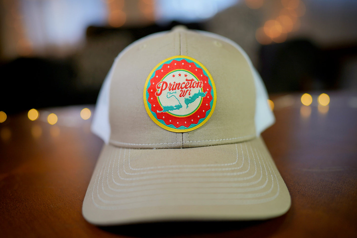 "Princeton, WI" Lake Design Trucker Hat (White Mesh/ Khaki Fabric)