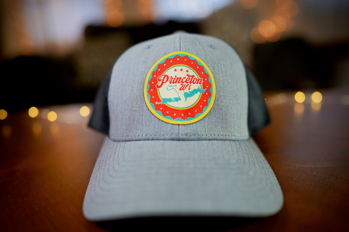 "Princeton, WI" Lake Design Trucker Hat (Black Mesh/ Heather Grey Fabric)