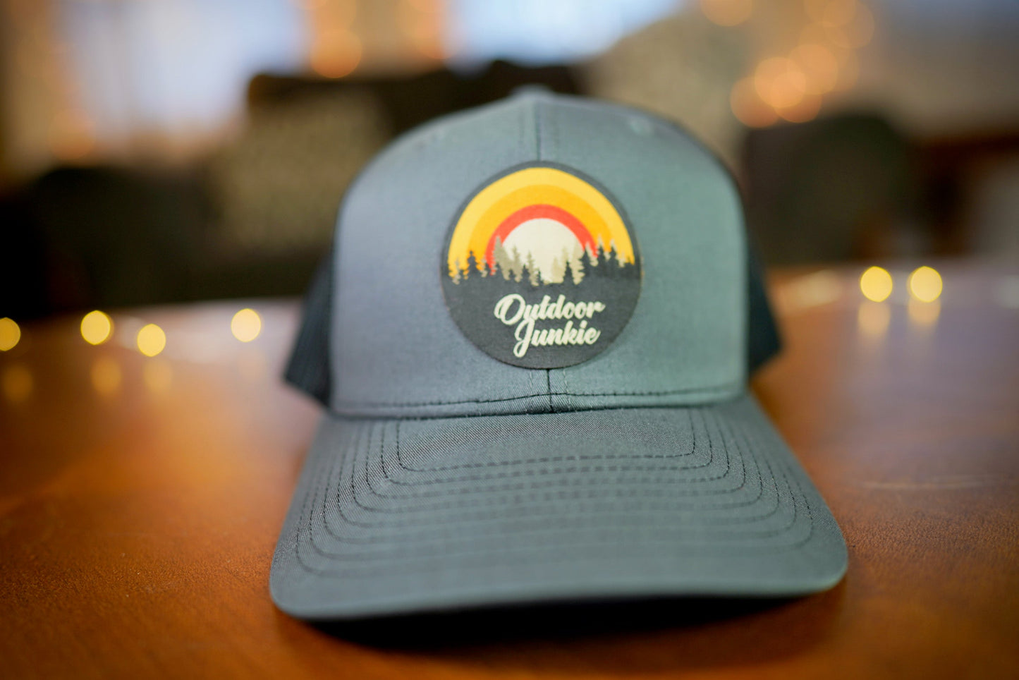 "Outdoor Junkie" Design Trucker Hat (Black Mesh/ Charcoal Fabric)