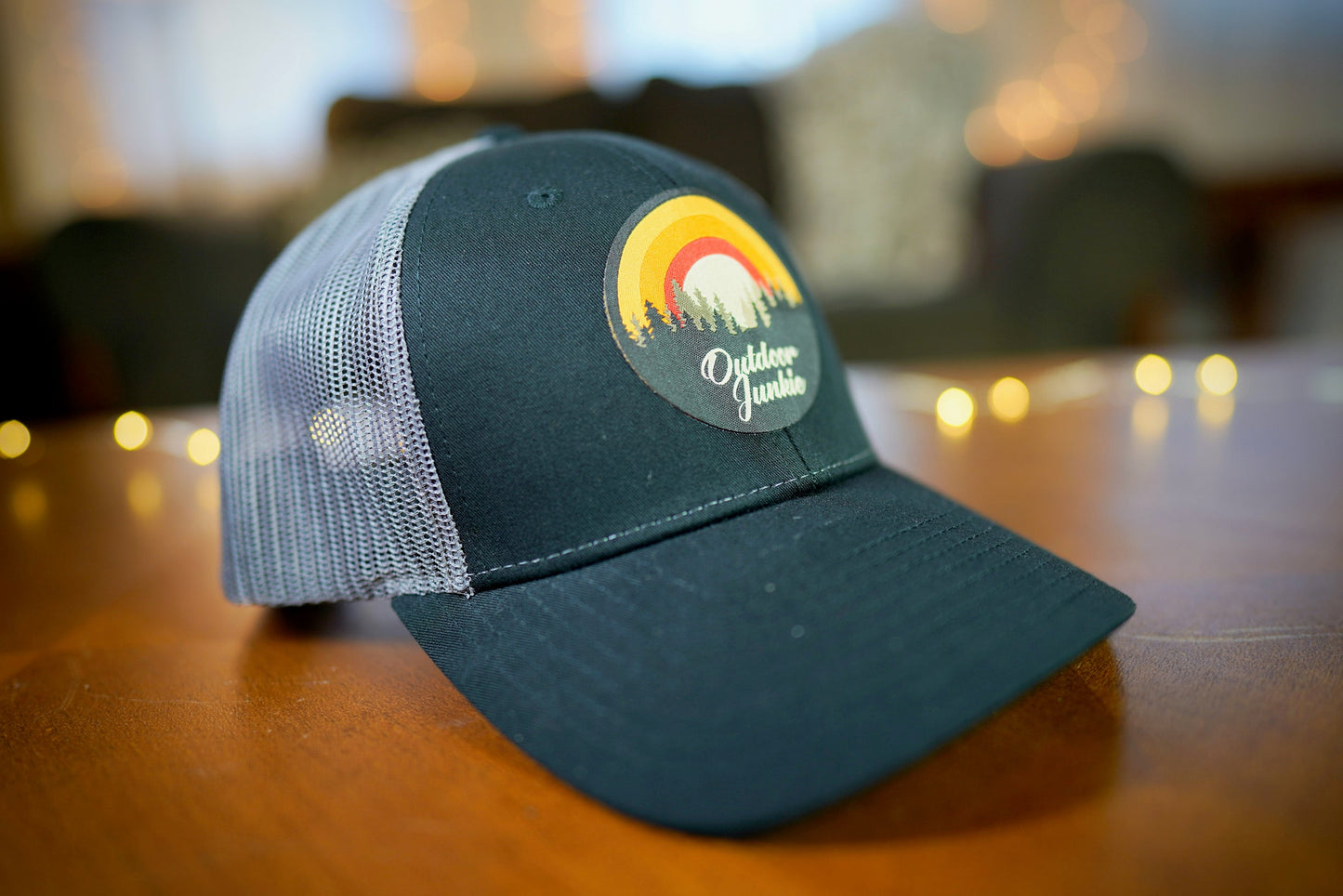 "Outdoor Junkie" Design Trucker Hat (Charcoal Mesh/ Black Fabric)
