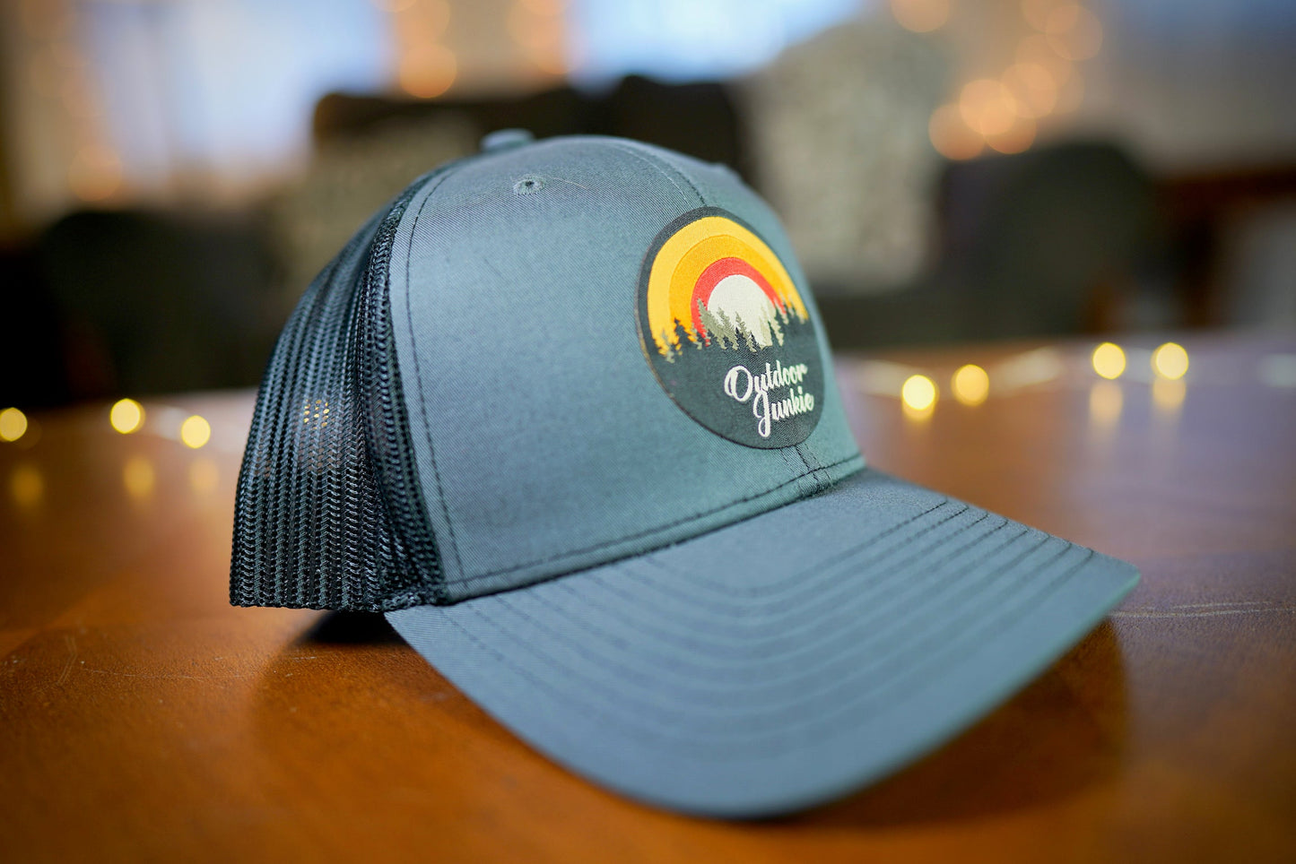 "Outdoor Junkie" Design Trucker Hat (Black Mesh/ Charcoal Fabric)