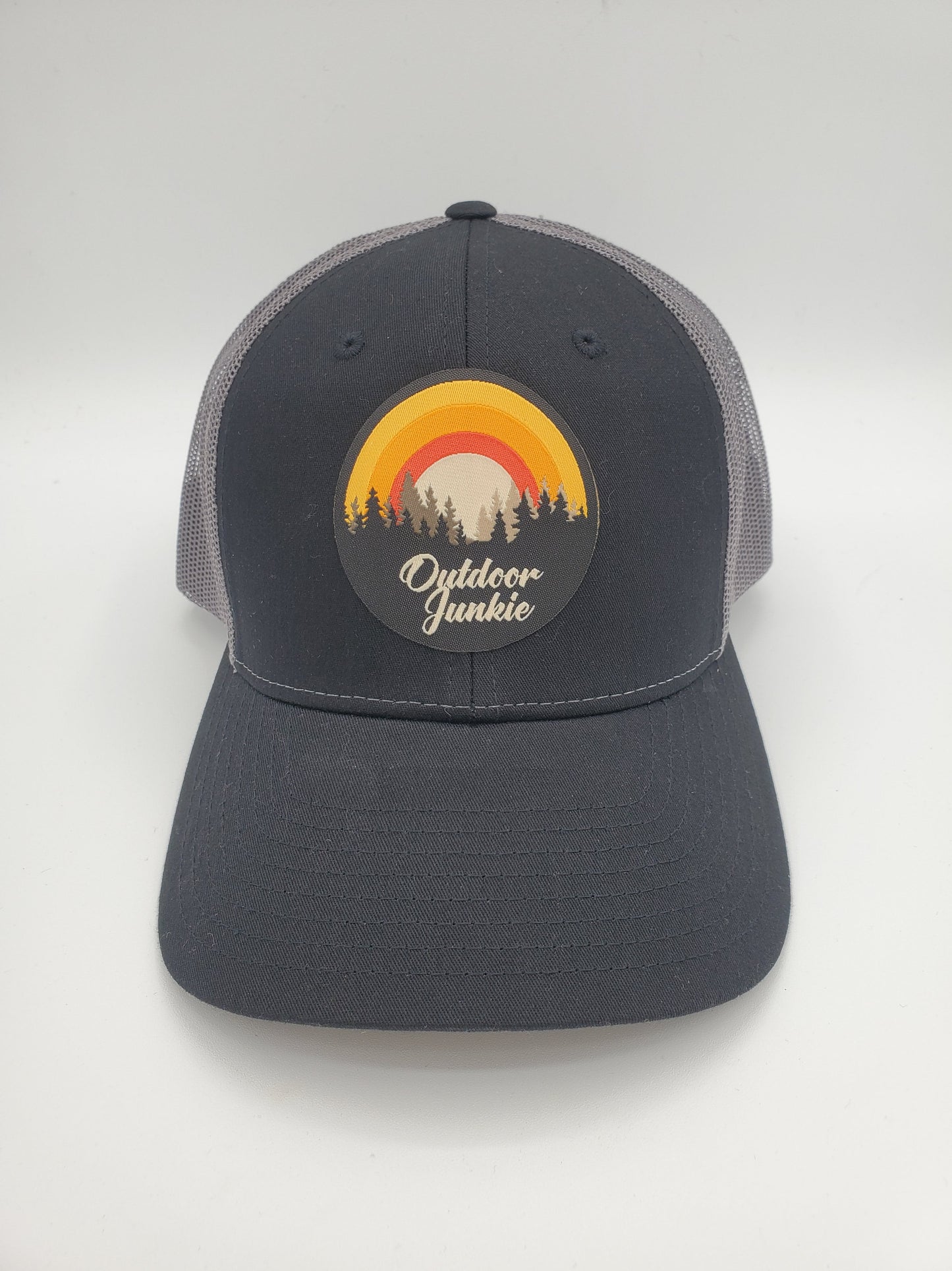 "Outdoor Junkie" Design Trucker Hat (Charcoal Mesh/ Black Fabric)