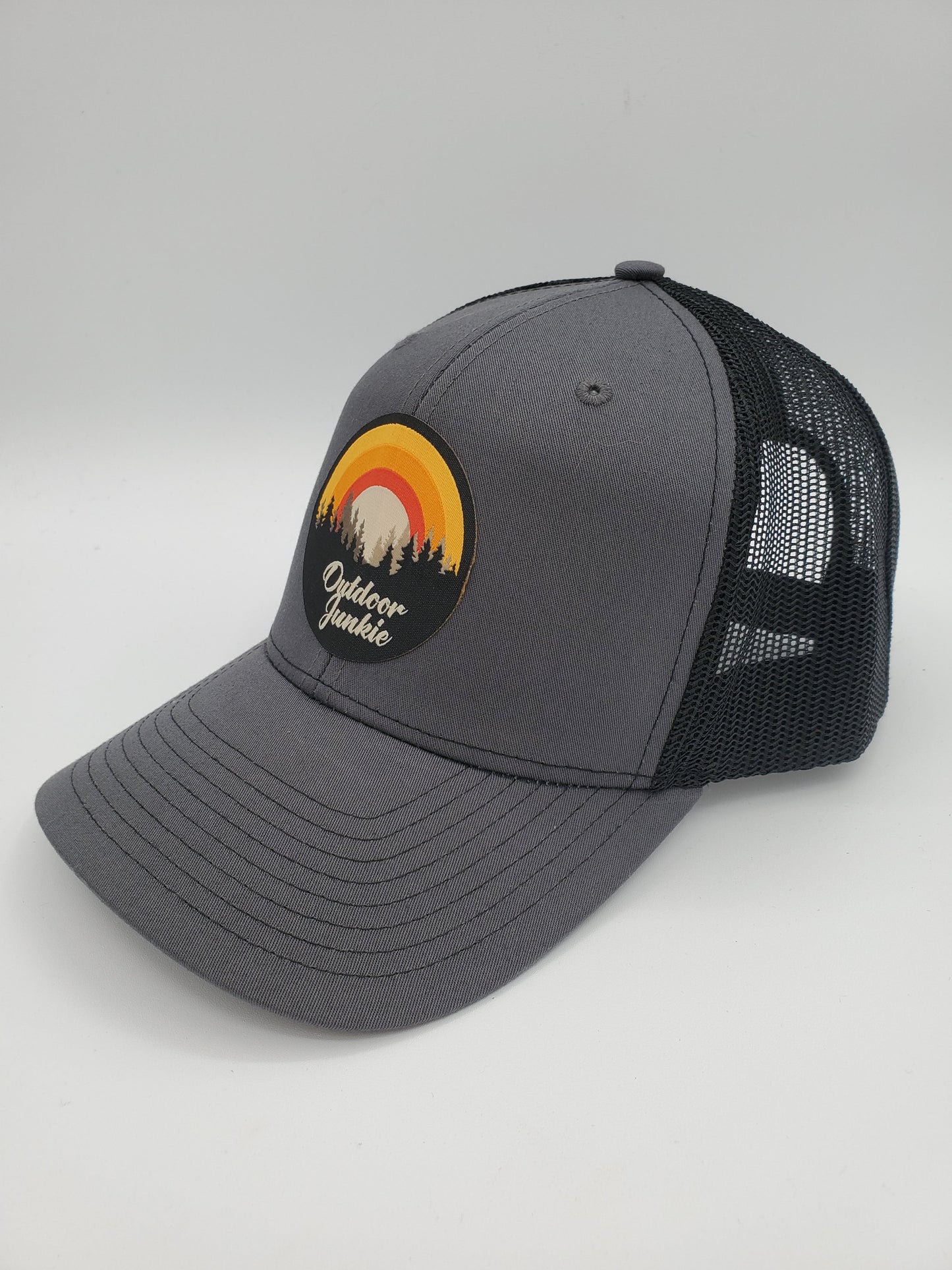 "Outdoor Junkie" Design Trucker Hat (Black Mesh/ Charcoal Fabric)