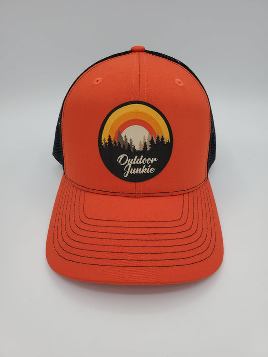 "Outdoor Junkie" Design Trucker Hat (Black Mesh/ Orange Fabric)