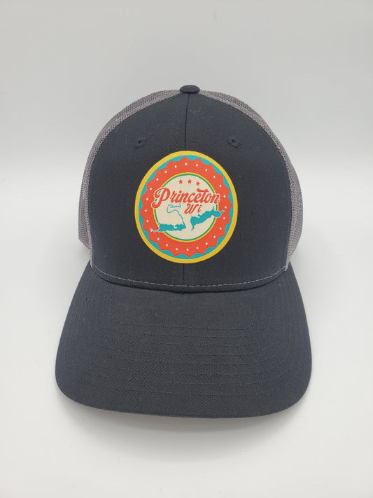 "Princeton, WI" Lake Design Trucker Hat (Black Mesh/ Charcoal Grey Fabric)