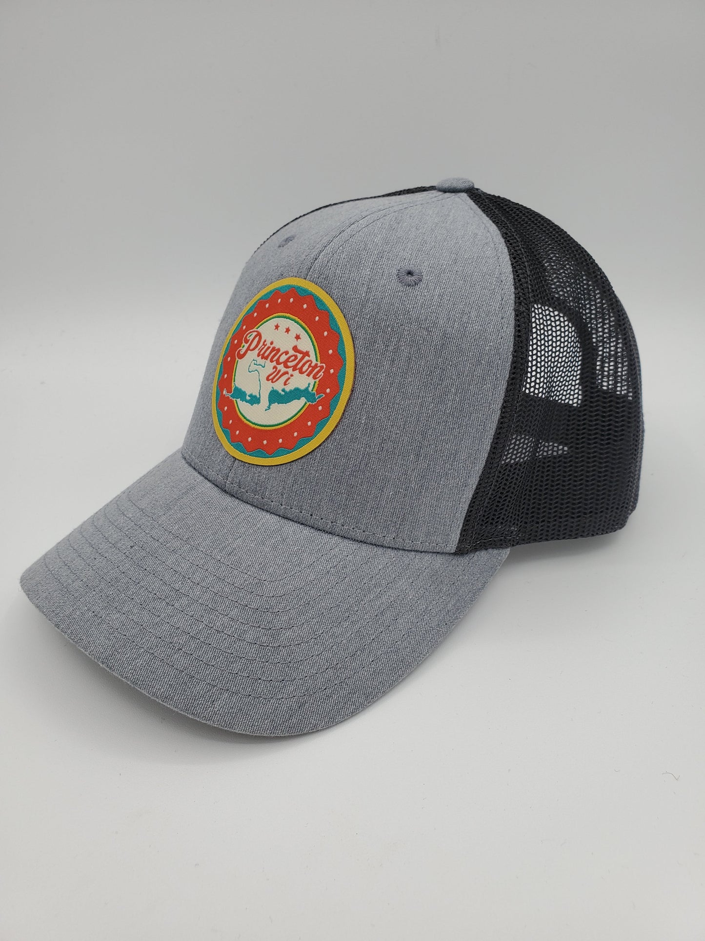 "Princeton, WI" Lake Design Trucker Hat (Black Mesh/ Heather Grey Fabric)