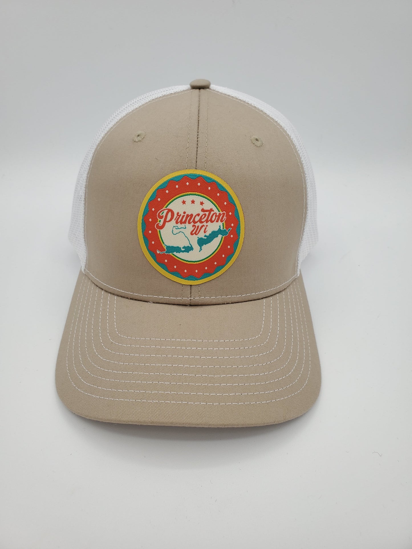 "Princeton, WI" Lake Design Trucker Hat (White Mesh/ Khaki Fabric)