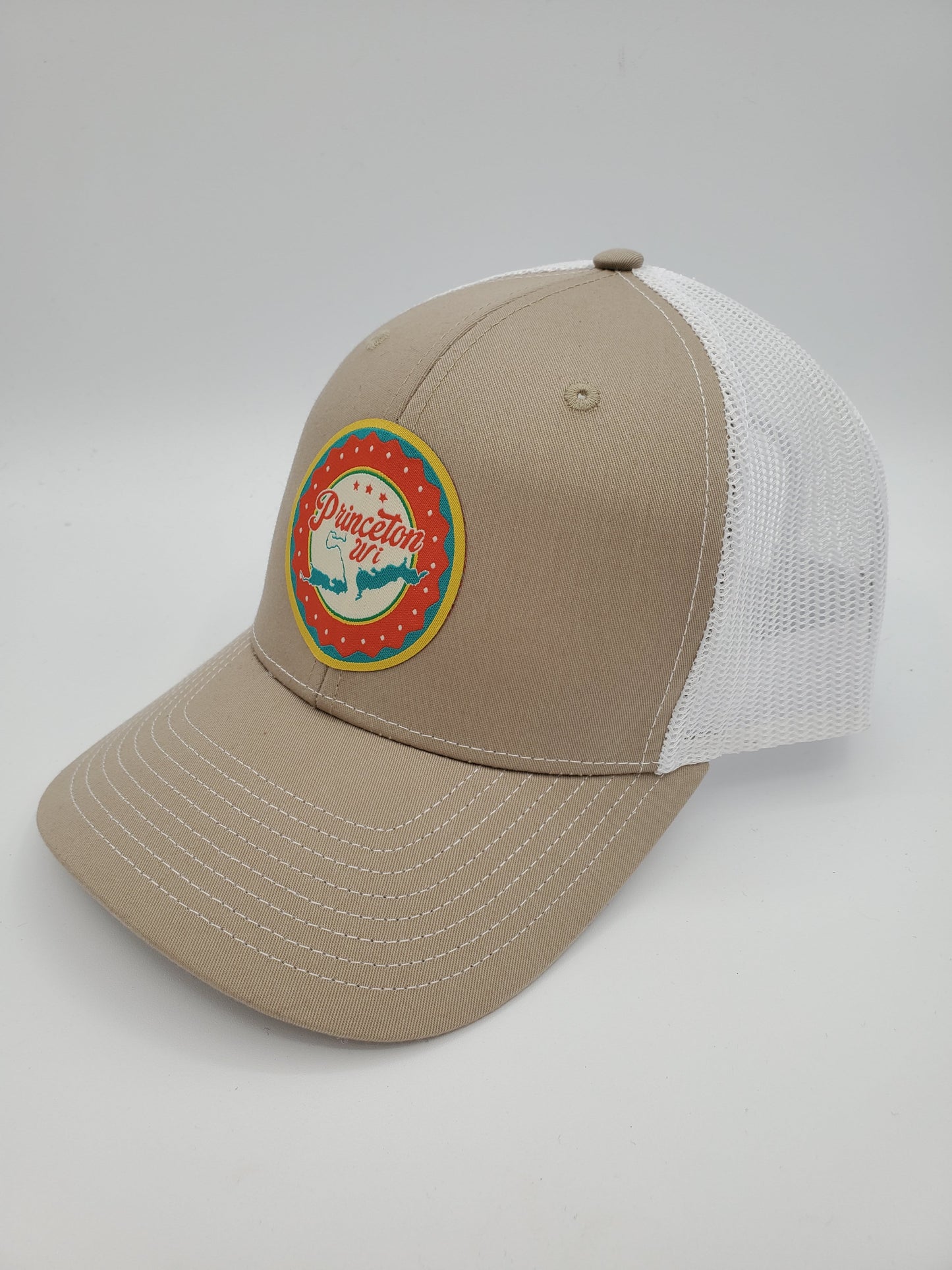 "Princeton, WI" Lake Design Trucker Hat (White Mesh/ Khaki Fabric)