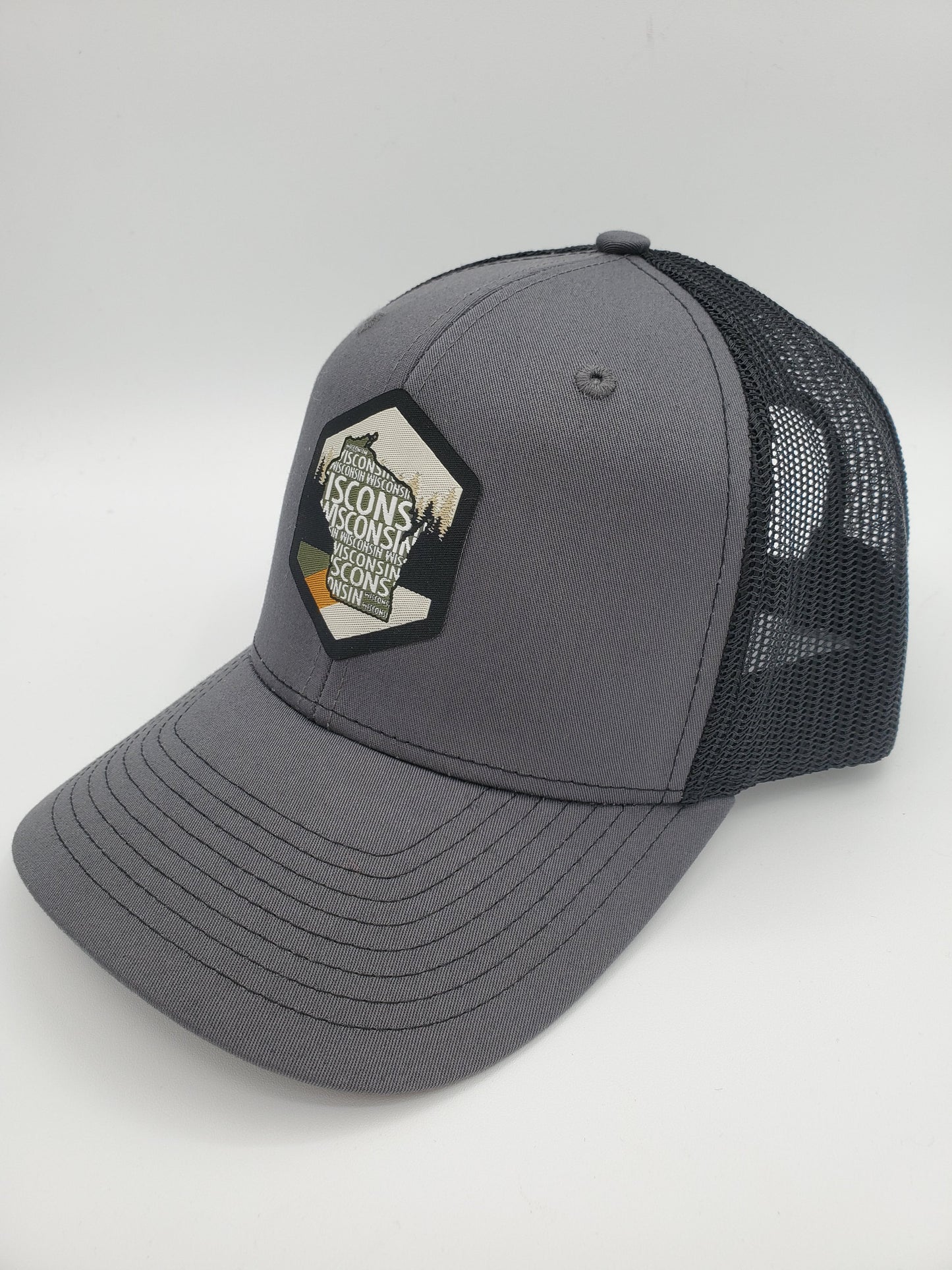 "Vintage Wisconsin" Design Trucker Hat (Black Mesh/ Charcoal Grey Fabric)