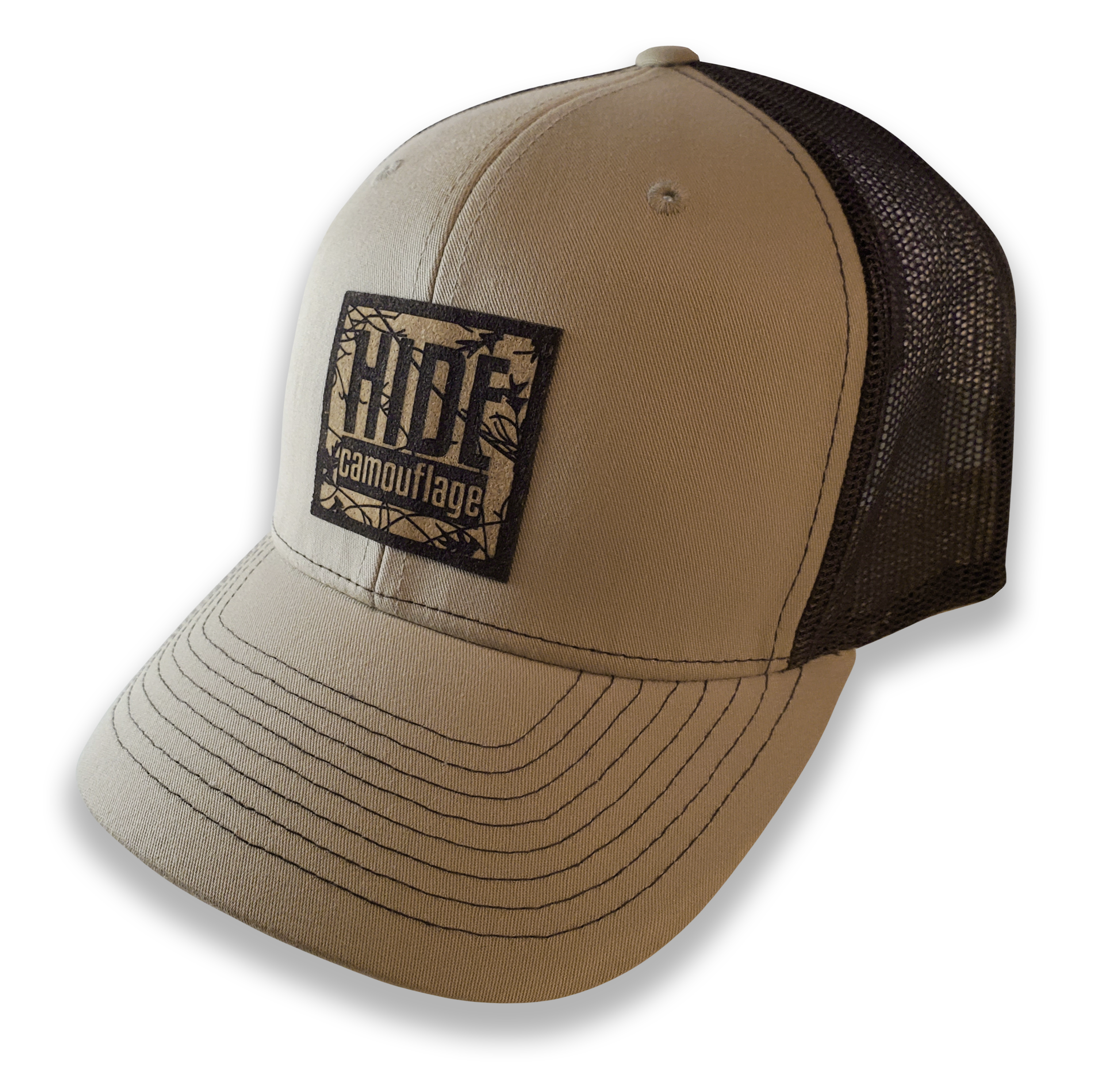 HIDE Camo Logo Cork Patch Khaki Fabric/Coffee Mesh 6 Panel Trucker Hat ...