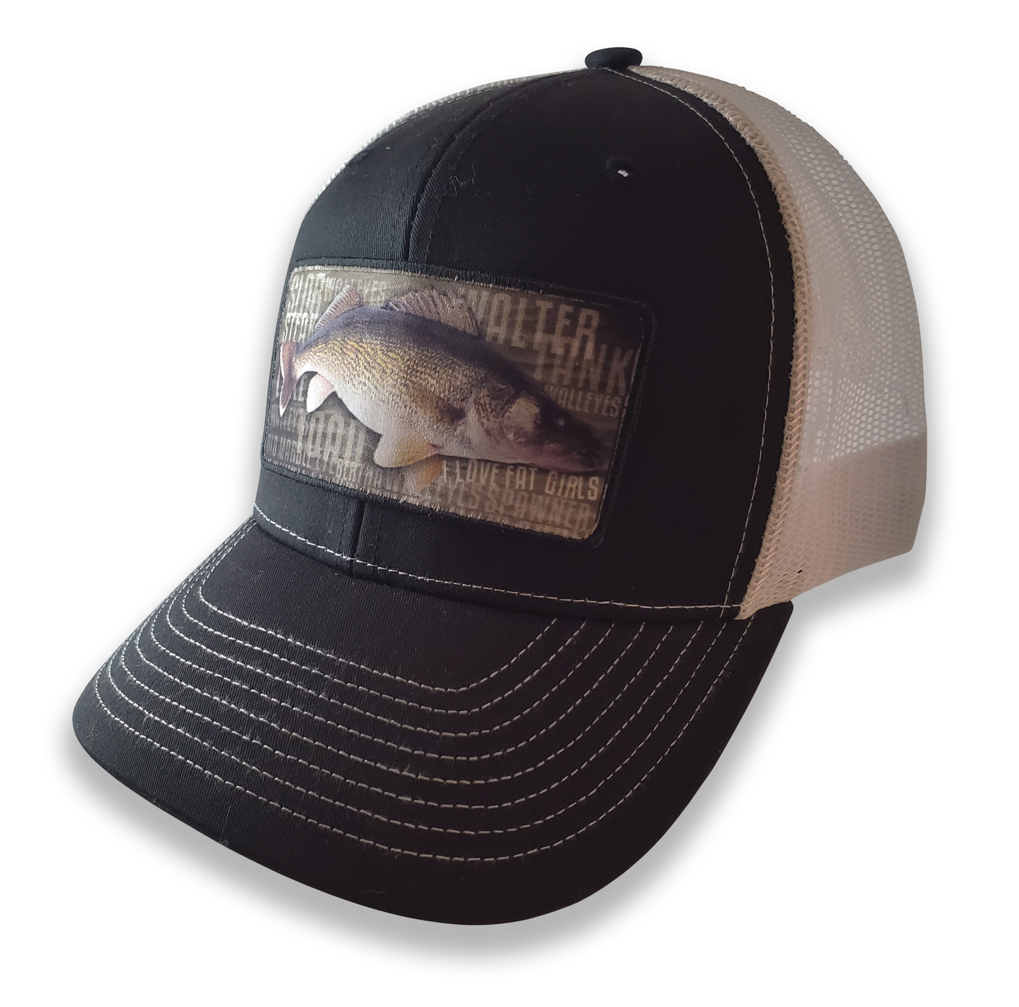 "I LOVE FAT GIRLS" Walleye Patch Black/White 6 Panel Trucker Hat